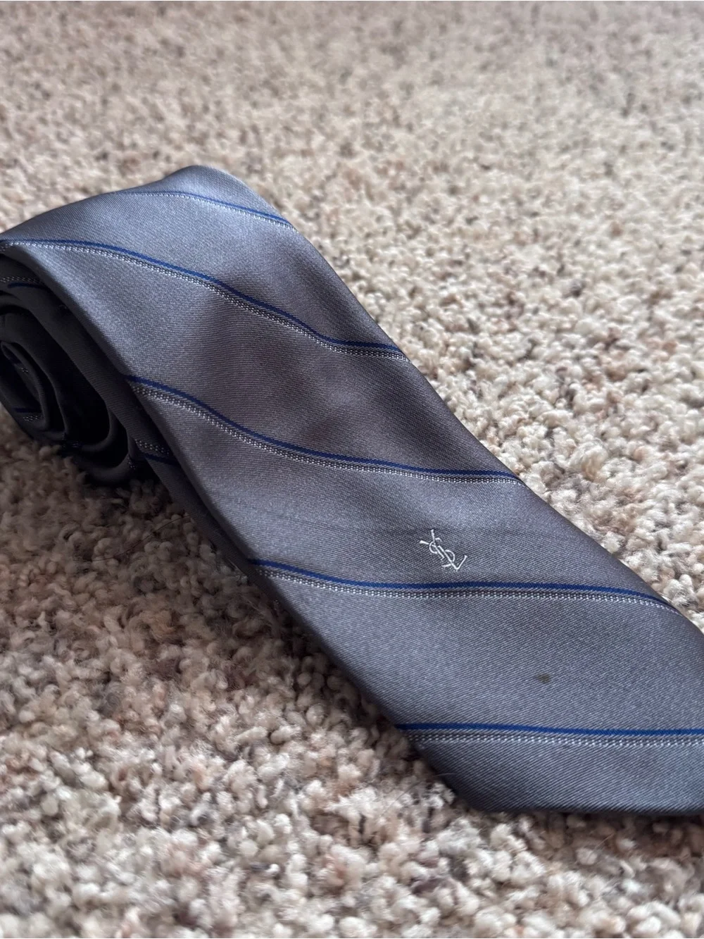 Yves Saint Laurent Silver Gray Silk Tie with Blue Stripes